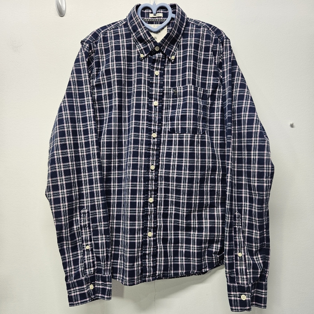Abercrombie & Fitch Muscle Shirt Blue Plaid Button Down Long Sleeve XL Preppy